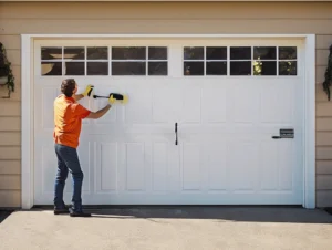 Person cleaning a white garage door with a squeegee, showcasing garage door maintenance services by Day & Nite Doors Inc.